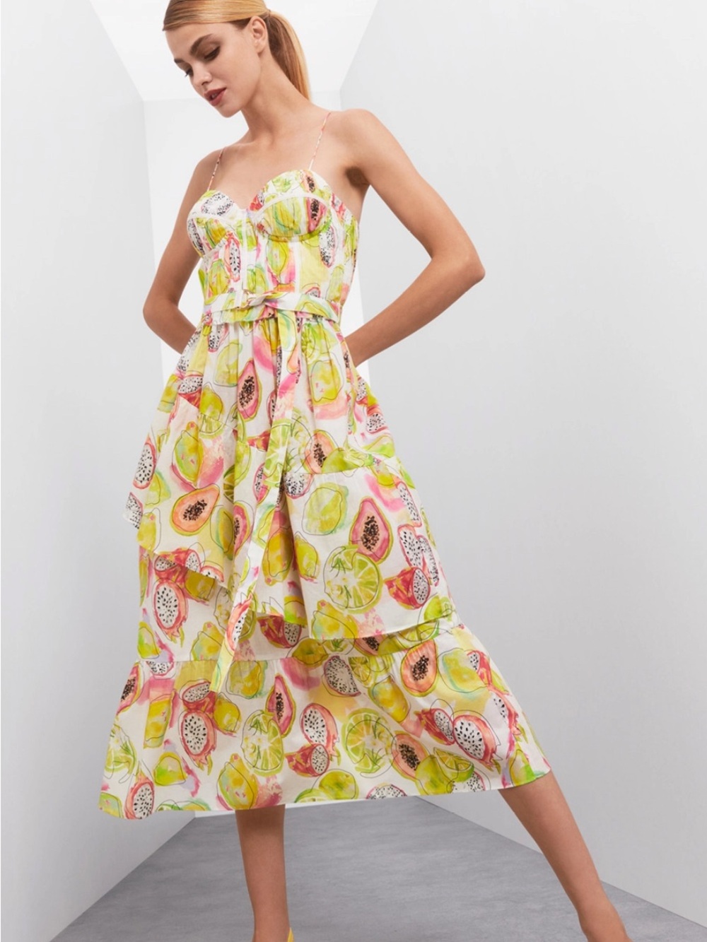 Marc Cain Pink & Green Fruit-Print Spaghetti-Strap Midi Dress